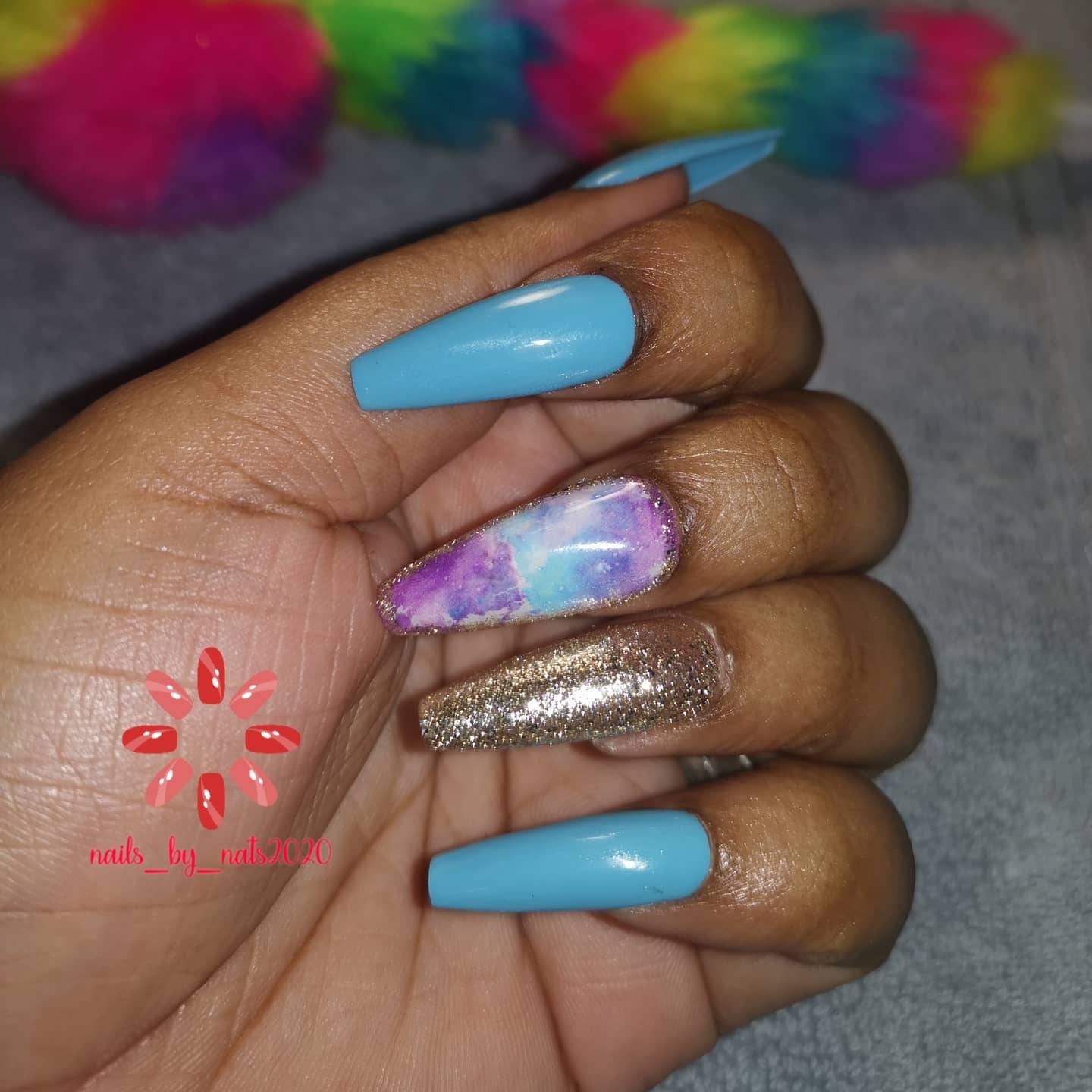 Press on Nails Long Coffin Light Blue Marble Nails Gold - Etsy