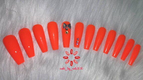 Press On Nails Long Coffin Neon Orange Bling Nail Ready To Etsy