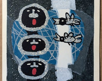 Grabado en madera de Umetaro Azechi "La voz cantante de las montañas", 1963, firmado