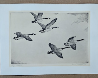 Hans Kleiber Etching "Flying Honkers" c. 1950, Signed