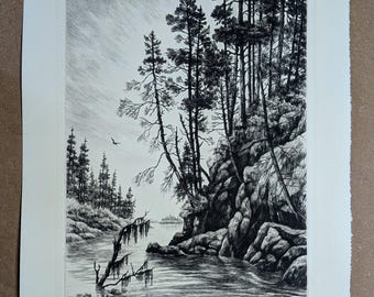 Norman Merritt Etching "Spruce Ledges" 1966, Signed