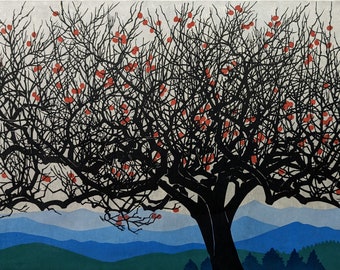 Yuji Kiyota Xilografía "Maduro, Yoshino, árbol de caqui de la meseta de Oata, 1988, firmado