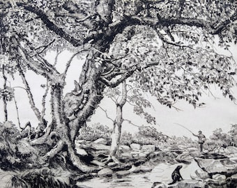 Walter R. Locke Etching "Rival Fishermen" 1939, Signed