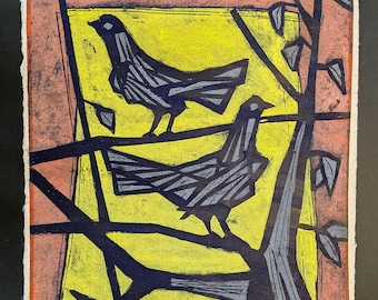 Tadashige Ono Woodblock "Birds in Tree" 1962, Signed