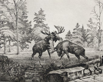 Otto Wackernagel Etching on Paper "Fighting Moose" 1945, Signed