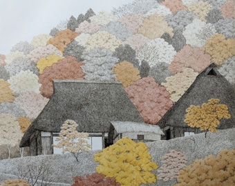 Ryohei Tanaka Grabado "Montaña de otoño" 1991, firmado