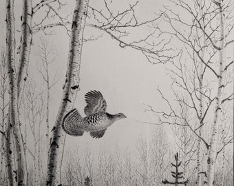 Grabado de Walter E. Bohl "En los abedules" c. 1960, Firmado