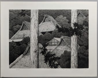 Ryohei Tanaka Aguafuerte y Aguatinta "Pueblo en la Montaña" 1992, Firmado