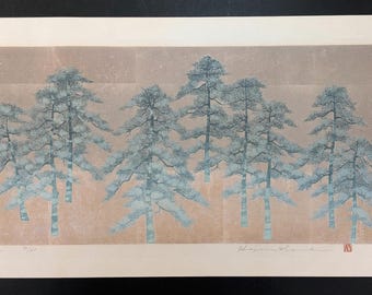 Hajime Namiki-houtblok 'dennenschaduw' 1991, gesigneerd