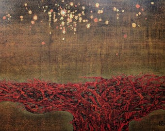 Joichi Hoshi Woodblock "Escena nocturna (rojo)" 1977, firmado