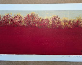 Joichi Hoshi Woodblock "Matorral en la colina" 1976, Firmado