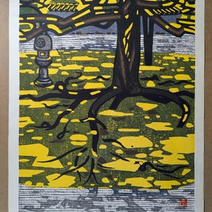 Drzeworyt Okiie Hashimoto „Korzenie drzew w ogrodzie” 1966, sygnowany