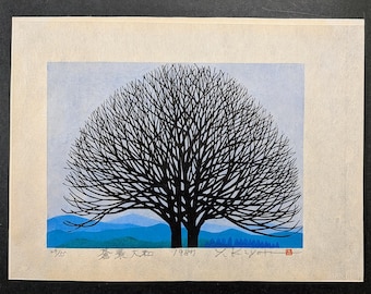 Houtsnede van Yuji Kiyota "Blauwe Hemel Yamato", 1987, gesigneerd.