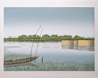 Shufu Miyamoto Holzschnitt ""Shore Side"" 1984, signiert."