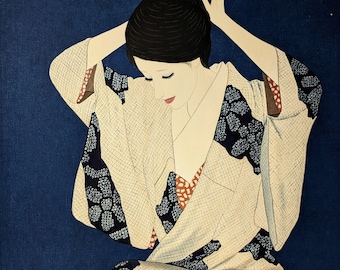 Keiichi Takasawa Xilografía "Mujer arreglando el cabello" c. 1980, firmado