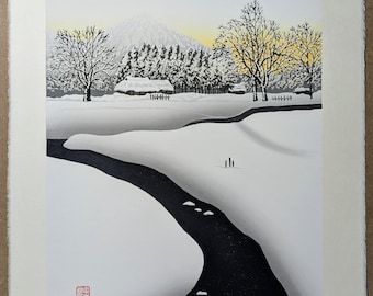 Bloque de madera de Shufu Miyamoto "Paisaje invernal" 2001, firmado