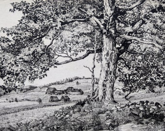 Walter R. Locke Etching "Red Oak, Vermont" 1943, Signed