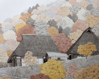 Ryohei Tanaka Color Etching &quot;Autumn&#39;s Mountain&quot; 1991, Signed