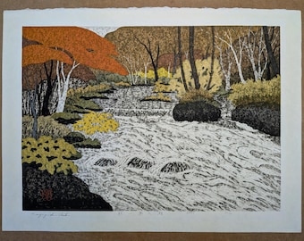 Bloque de madera de Kazuyuki Ohtsu "Otoño-Oirase" 2003, firmado