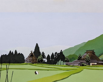 Könnte beinhalten: Ein Gemälde, das ein japanisches Dorf mit Häusern mit Strohdächern, grünen Hügeln und Reisfeldern zeigt. Der Himmel ist hellblau mit weißen Wolken. Das Gemälde ist in einem realistischen Stil mit Liebe zum Detail ausgeführt.