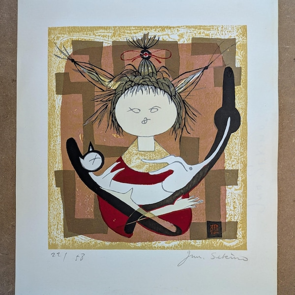 Junichiro Sekino Träsnitt "Katt och Flicka" 1959, Signerad