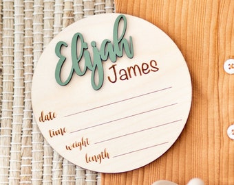 Baby Announcement Sign Round Wood Birth Stat Custom Name Sign for Hospital 3D Photo Prop Baby Shower Gift Personalized Gender Reveal Plaque