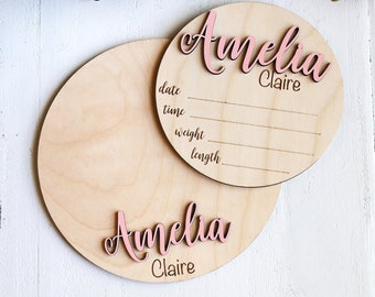 Round Wooden Baby Plaque, 3D Custom Wood Baby Name Announcement Sign, Birth Announcement, Baby Name Custom Sign