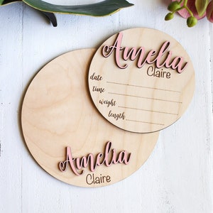 Footprint Birth Announcement for Hospital Custom Wooden Stat Baby Name Sign Round Birth Announcement Name Sign Baby Announcement Sign Gift image 1