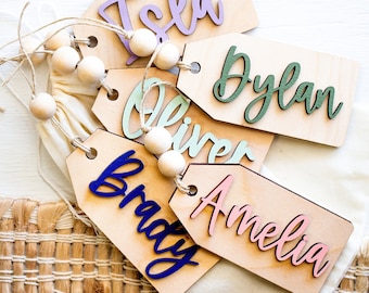Beaded Wooden Name Tag Personalized Easter Basket Tag Custom Kids Name Tag, Wooden Gift Tag Easter Name tags for Grandkids Grandchildren