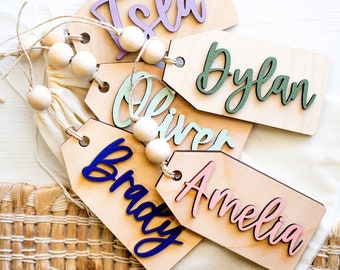 Beaded Wooden Name Tag Personalized Easter Basket Tag Custom Kids Name Tag, Wooden Gift Tag Easter Name tags for Grandkids Grandchildren