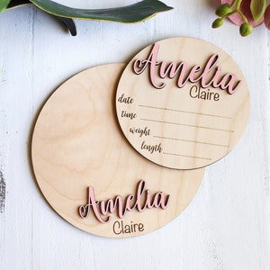 Round Wooden Baby Plaque, 3D Custom Wood Baby Name Announcement Sign, Birth Announcement, Baby Name Custom Sign