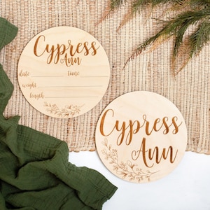 Engraved Baby Arrival Announcement Sign Flower Baby Name Reveal Plaque Floral Birth Announcement Newborn Photo Prop Baby Name Announcement
