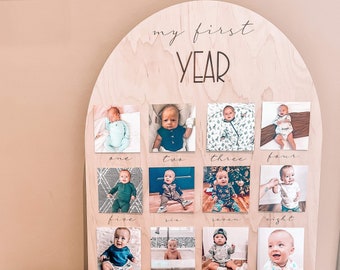 One Year of Photo Board Wood My First Year Photo Board Milestone Picture 1st Birthday Arch First Birthday Decorations Girl 12 Months Photo