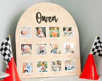 One Year of Photo Board Wood My First Year Photo Board Milestone Picture 1st Birthday Arch First Birthday Decorations Girl 12 Months Photo