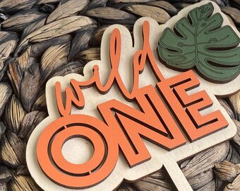 Wild ONE Cake Topper Cumpleaños Tema tropical Primera fiesta de cumpleaños Jungle Animal Safari Niño Fiesta de cumpleaños Smash Cake 1er cumpleaños Madera