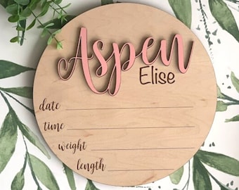 Round Wooden Baby Plaque 3D Custom Wood Baby Name Announcement Sign Birth Announcement Baby Name Custom Sign Baby Arrival Custom Shower Gift