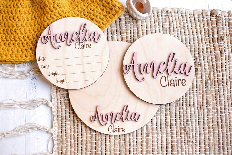 Footprint Birth Announcement for Hospital Custom Wooden Stat Baby Name Sign Round Birth Announcement Name Sign Baby Announcement Sign Gift Stat+Name+Foot
