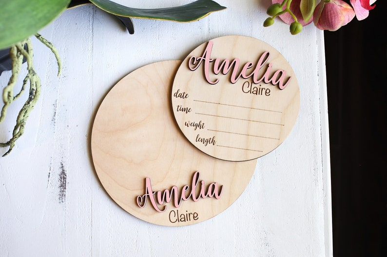 Footprint Birth Announcement for Hospital Custom Wooden Stat Baby Name Sign Round Birth Announcement Name Sign Baby Announcement Sign Gift image 1