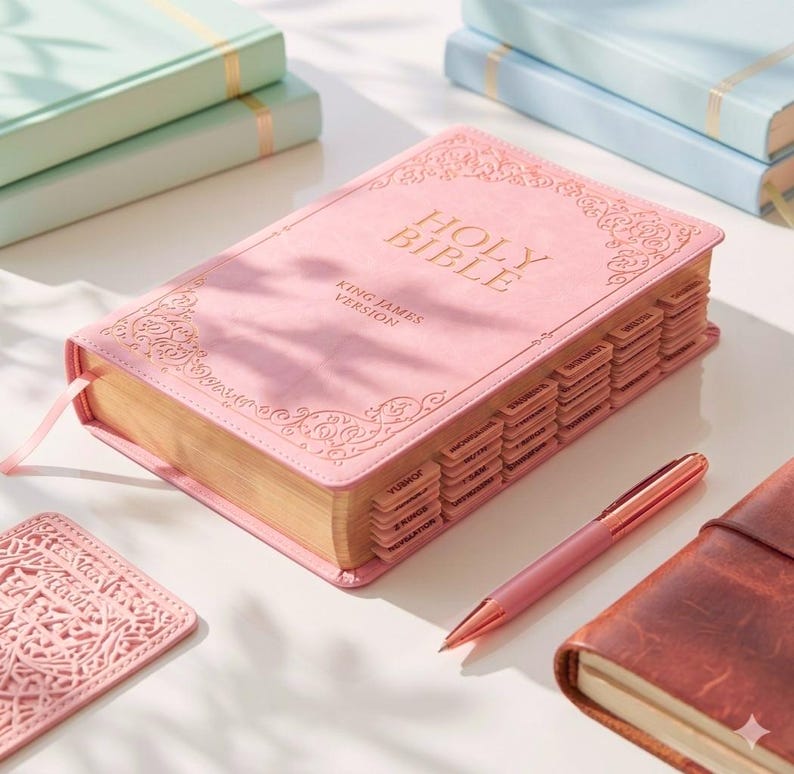 tabbed pink King James Version Holy Bible with gold lettering and decorative border. The Bible has labeled tabs and a pink ribbon bookmark.