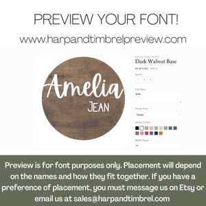 A preview of a personalized wooden sign with the names Amelia and Jean. The sign is a dark walnut base and is available for purchase on the website harp and timbrel preview.com.