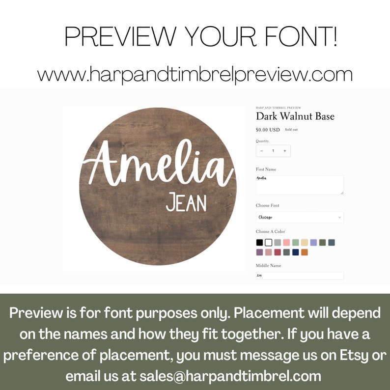 A preview of a personalized wooden sign with the names Amelia and Jean. The sign is a dark walnut base and is available for purchase on the website harp and timbrel preview.com.