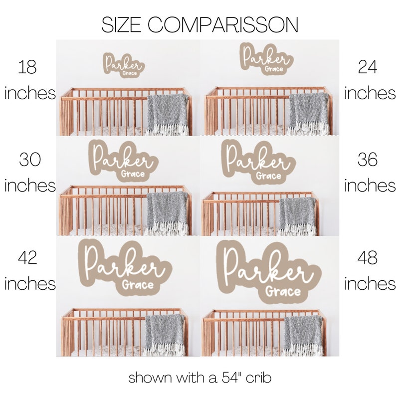 A comparison of different sizes of a personalized name decal for a crib. The decal says "Parker Grace" in a cursive font. The decal is shown in four different sizes: 18 inches, 24 inches, 30 inches, and 36 inches. The decal is shown on a crib with a white blanket.