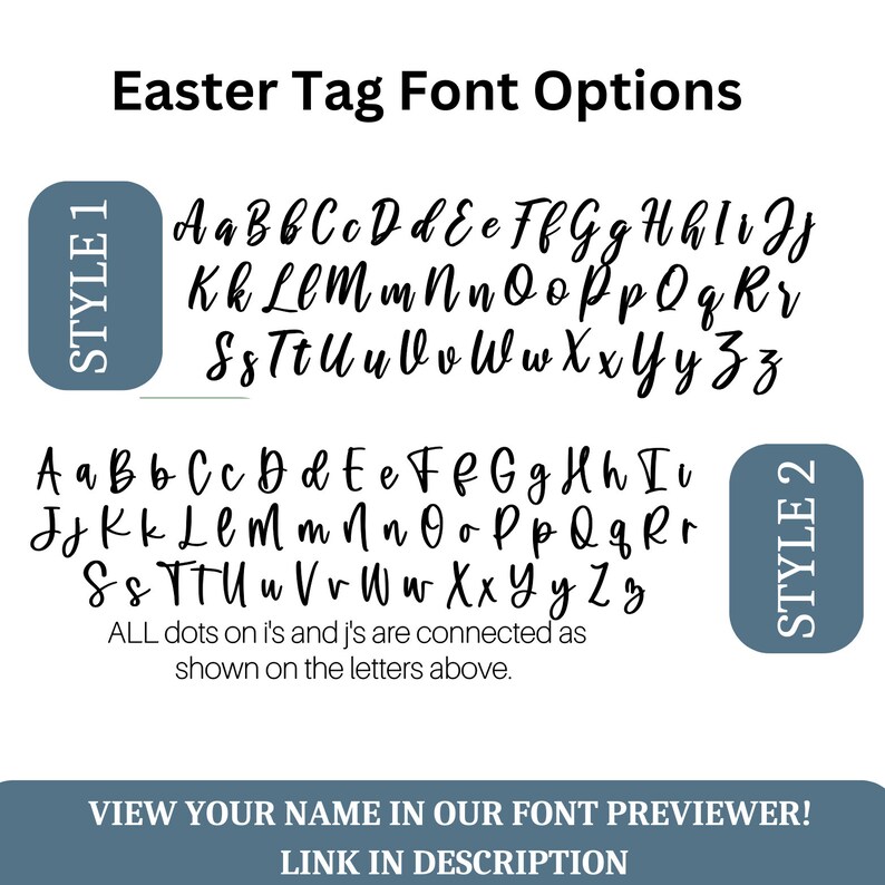 May include: Image displaying two font styles for Easter tags. Style 1 presents a cursive font, and Style 2 offers a similar design. The text "Easter Tag Font Options" is at the top, with a prompt to view the name in the font previewer.
