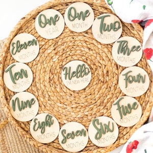 May include: A set of 12 wooden baby milestone discs with green text. The discs feature the words "Hello I'm New Here", "One Year", "One Month", "Two Months", "Three Months", "Four Months", "Five Months", "Six Months", "Seven Months", "Eight Months", "Nine Months", "Ten Months", and "Eleven Months".