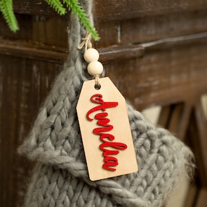 Custom Stocking Name Tag Christmas Wooden Personalized Family Tags for Stockings Rustic Farmhouse Gift Tag Beaded Dog Stocking Tag Decor