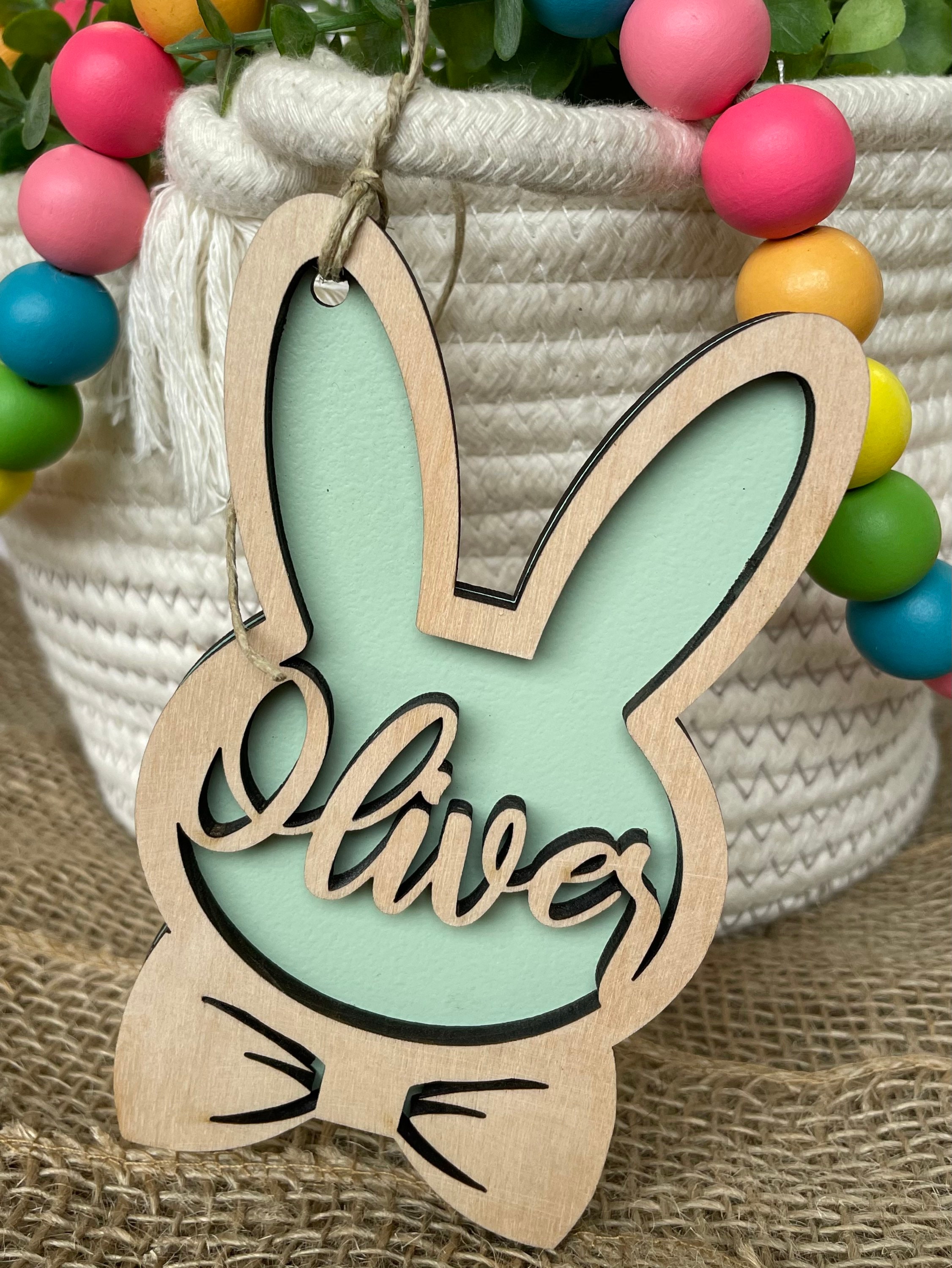 Personalized Bunny Easter Basket Tag, Custom Easter Place Card Name, Easter Basket Name Charm