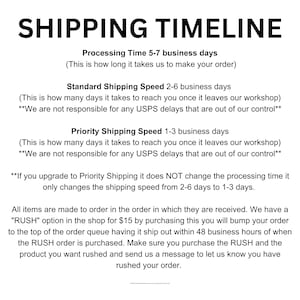 K&ouml;nnte beinhalten: Eine schwarz-wei&szlig;e Grafik mit dem Titel "SHIPPING TIMELINE" zeigt die Bearbeitungs- und Versandzeiten. Sie erkl&auml;rt Standard- und Priority-Versandgeschwindigkeiten sowie die "RUSH"-Option f&uuml;r eine schnellere Auftragsbearbeitung.