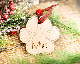 Personalized Paw Print Ornament Pet Christmas Ornament Paw Ornament Engraved Pet Name Paw Custom Wood Ornament Cat or Dog Christmas Ornament