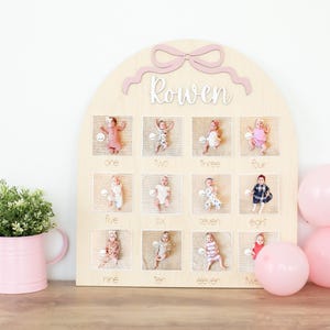 First Birthday Photo Board Bow One Year of Photo Display Wood My First Year Milestone Picture 1st Birthday Arch 12 Months image 1