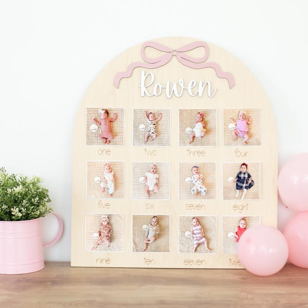 First Birthday Photo Board Bow One Year of Photo Display Wood My First Year Milestone Picture 1st Birthday Arch  12 Months